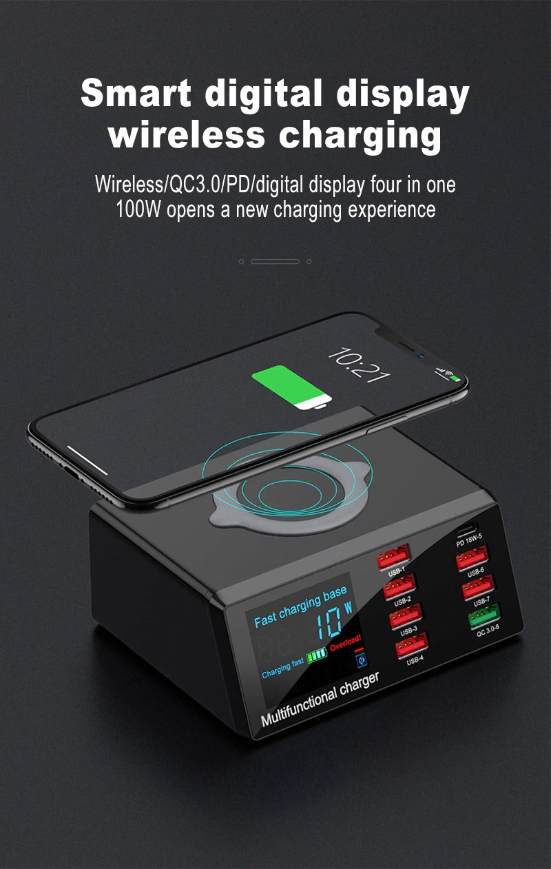 Multi-Function Fast Charger PD+QC3.0 Smart Wireless Charger 100W Model:X9